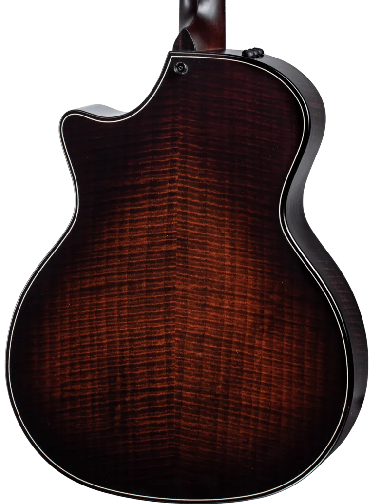 back of a Taylor Builder's Edition 324ce acoustic guitar showing Shamel ash wood