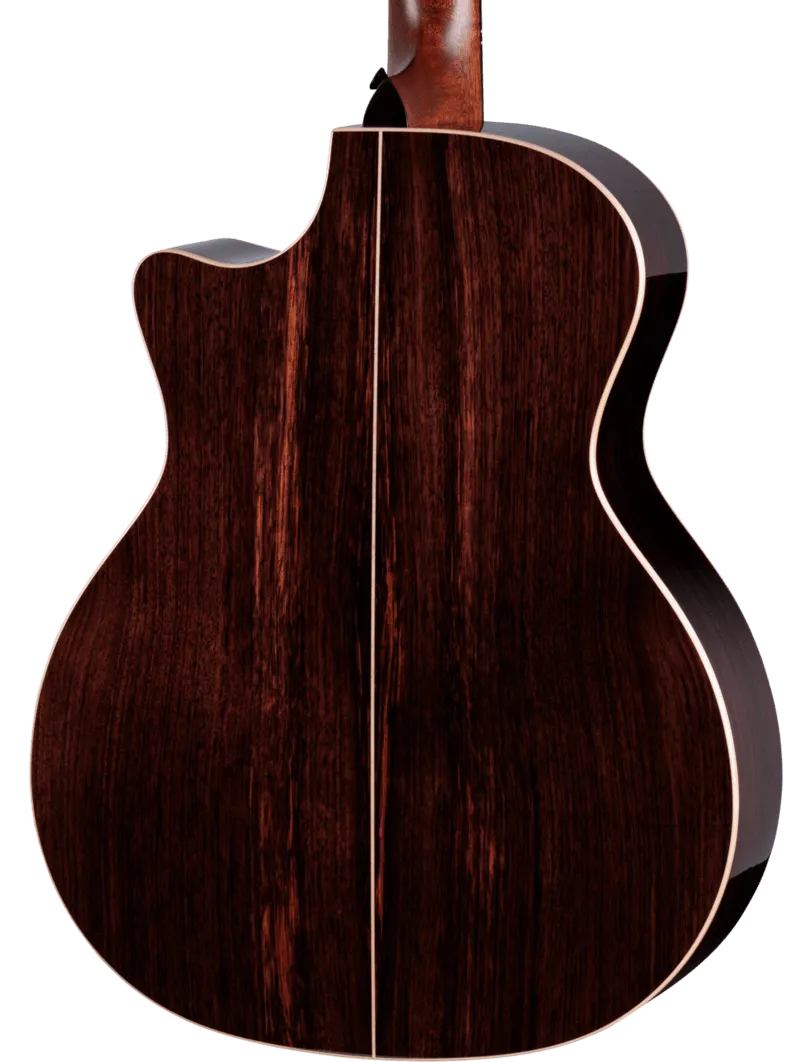 The back of a Taylor Next Generation 814ce acoustic-electric guitar with Indian rosewood back and sides
