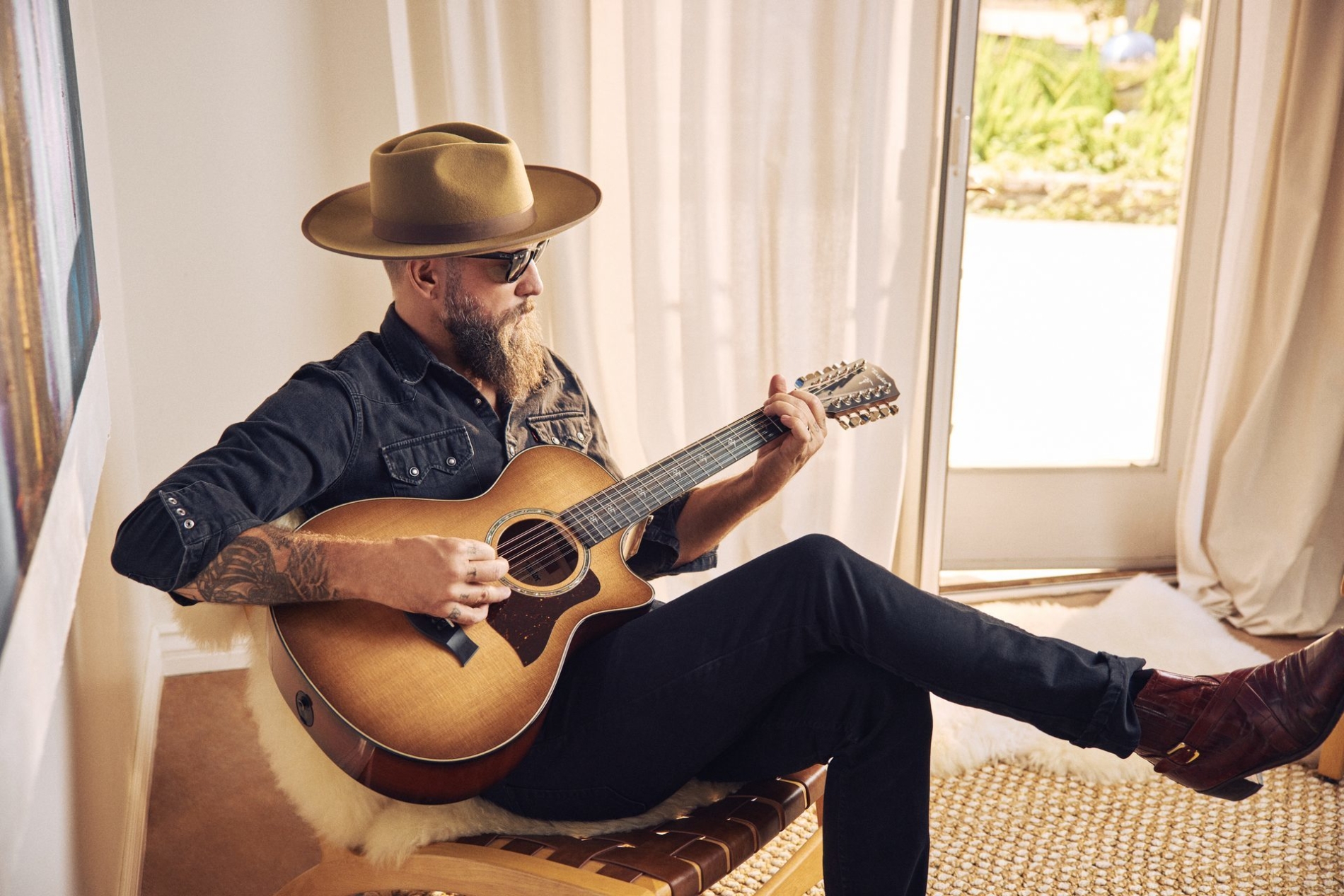 Image of a man playing a Taylor 12-string acoustic guitar