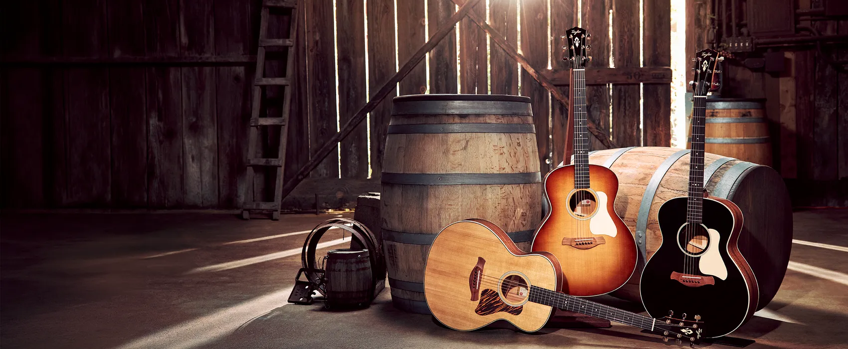 Photo of Three Gold Label Taylor Guitars in a rustic setting